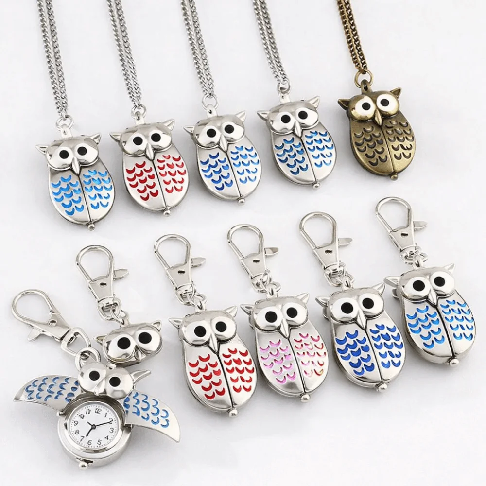 Fashion Owl Shape Pocket Watch Keychain Flip Style Antique Hang Watch Retro Classic Necklace Clock For Unisex Adults Children