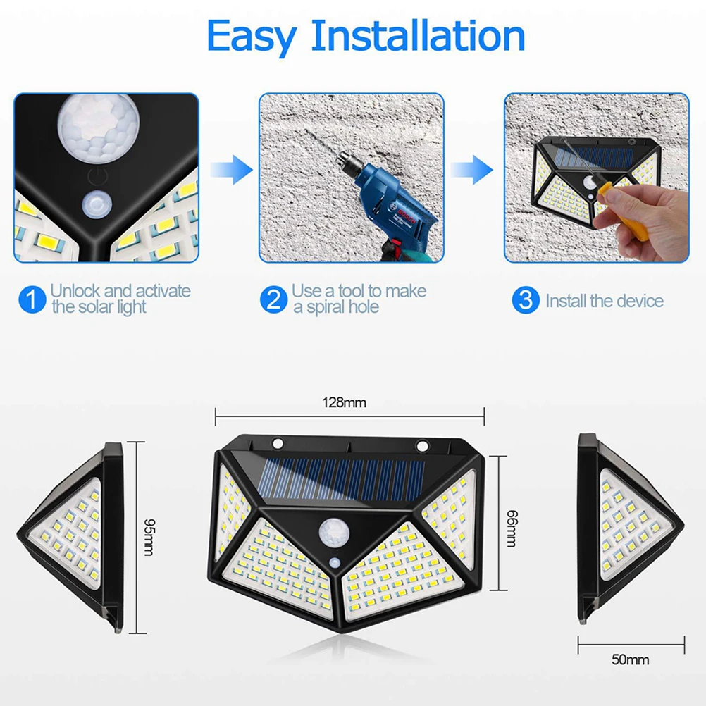 

2pcs Solar Lights Outdoor 100 LED Motion Sensor Light Wireless Waterproof Security Wall Lights for Front Door Yard