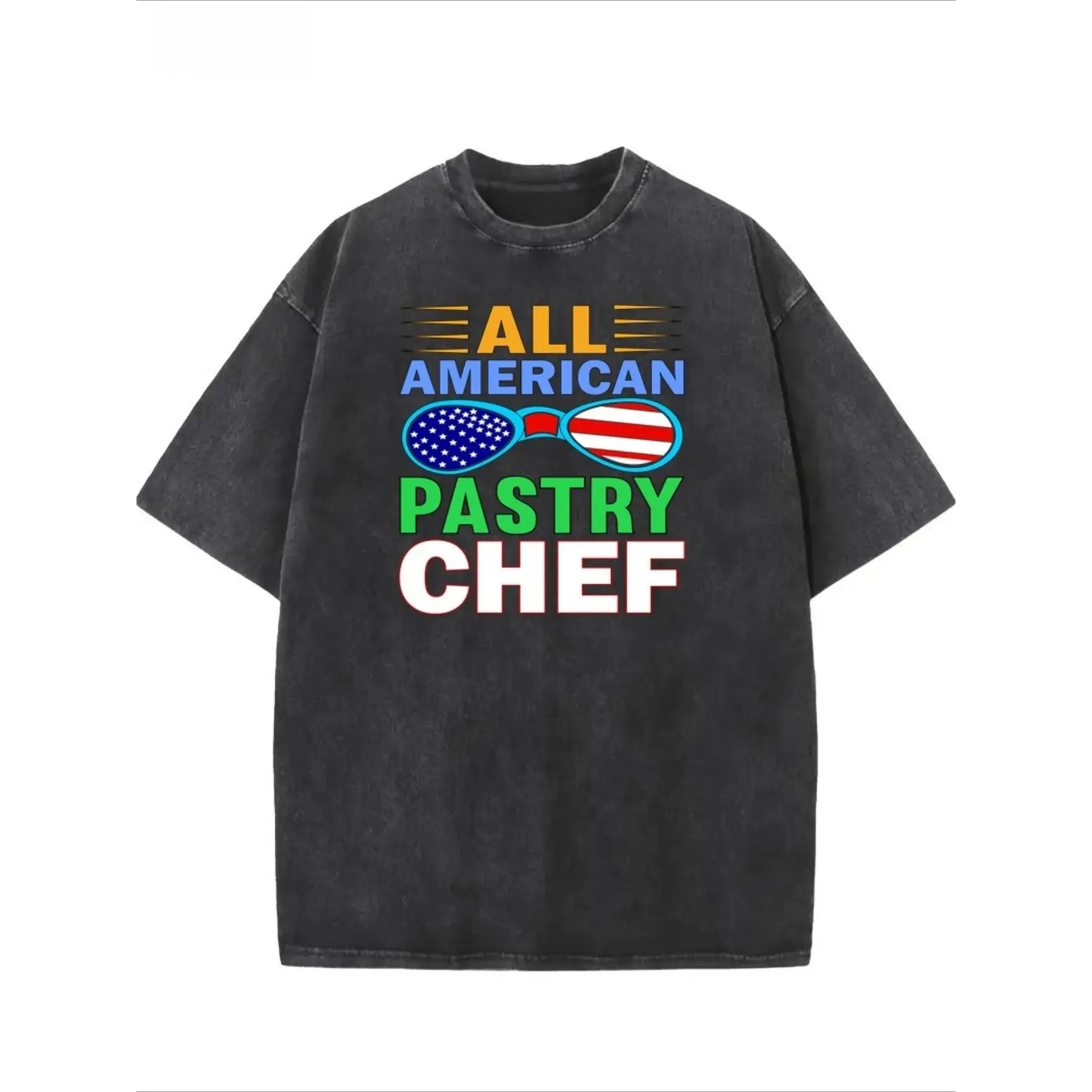 

Pastry Chef T-Shirt Unisex All American Graphic Tee Washed Retro Patriotic July 4th Baker Gift Cotton Top
