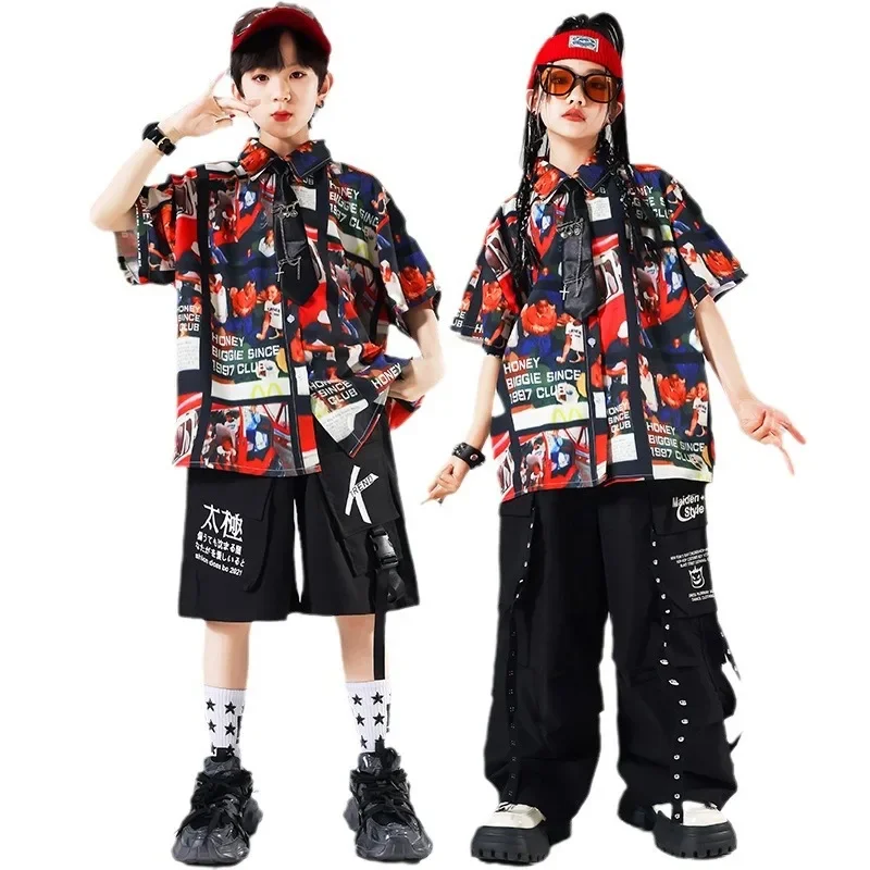 Boys Hip Hop Vest Retro Shirt Cargo Pants Girls Street Dance Shorts Clothes Sets Kids Jazz K-pop Costumes Children Streetwear