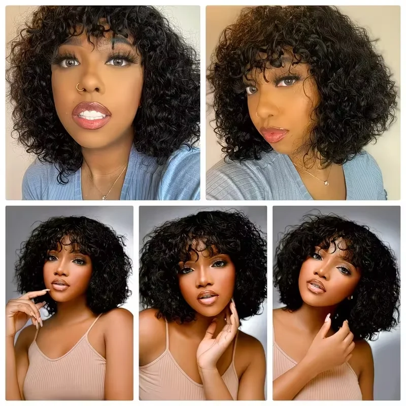 200% Density Human Hair Curly Bob Wig With Bangs Brazilian Black Water Wave Wigs For Women - Full Machine Curly Wave Rose Net Cap Suitable For Women Natural & Black Human Hair Bangs Wig view 8