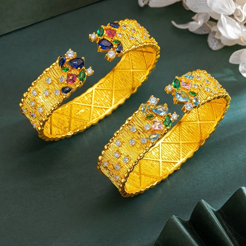 

Fashion18 Kt Gold Color Colorful Zircon Wide Bangle for Women Girl Shiny Bracelets Bangle Jewelry Gifts Not Fade