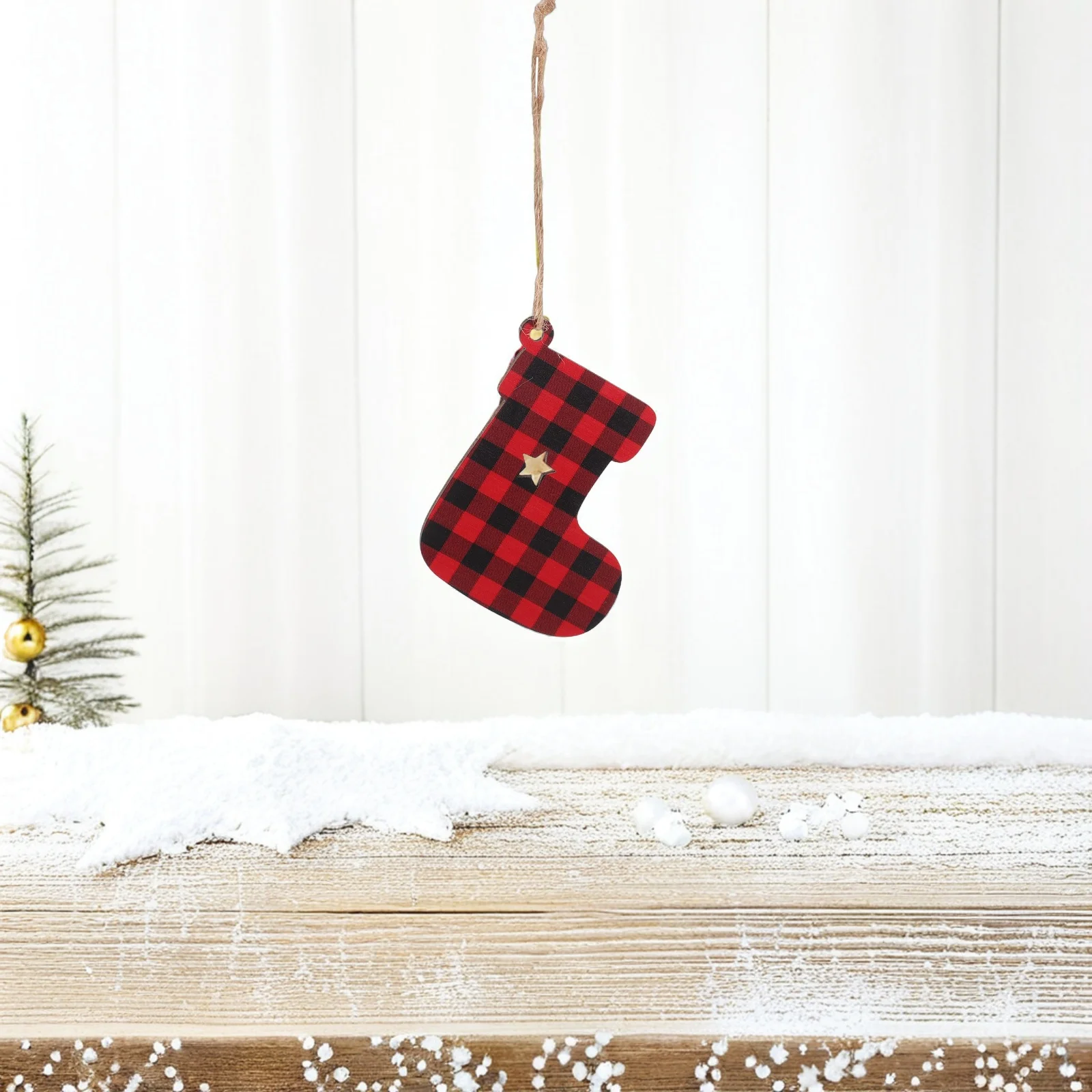 

20Pcs Wooden Xmas Stocking Cutouts Buffalo Plaid Ornaments Christmas Tree Slices Rustic Holiday Decor Indoor Outdoor