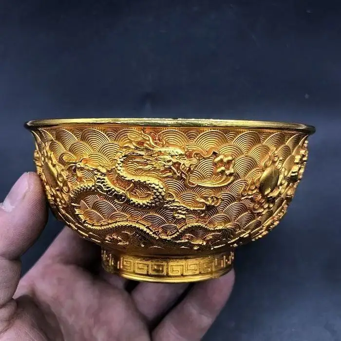 

Antiques Ancient Pure Copper Dragon Bowl Qing Dynasty Qianlong Double Loong Gilded Bowls for Collection Home Decor Ornament Gift