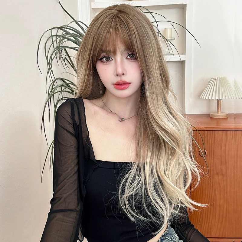 7JHH WIGS Costume Wig Synthetic Body Wavy Brown Ombre Blonde Wig with Bangs High Density Layered Wig for Women Beginner Friendly