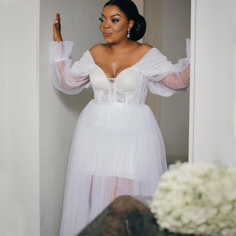 White Bride Robes Off Shoulder Long Sleeves A Line Lace Pearls Africa Bridal Shower Dresses Wedding Morning Robe