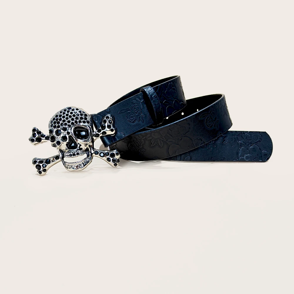 اكسسوارات القوطية حزام جلد PU للرجال والنساء الجمجمة مشبك هالوين تأثيري الديكور الأزهار محفورة حزام للجينز #2