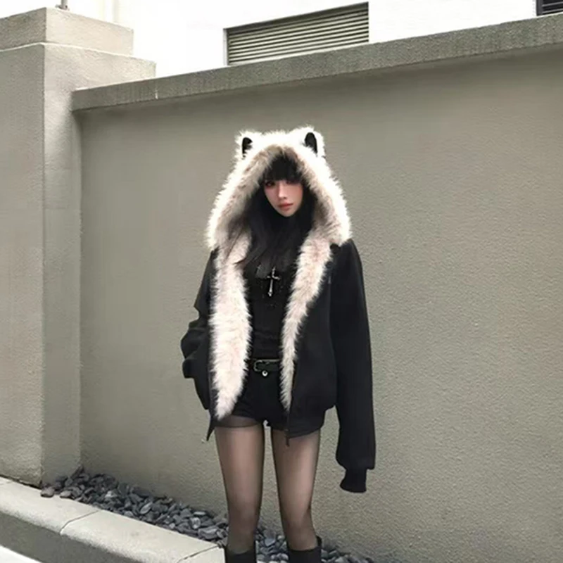 

MEXZT Y2K черные парки с капюшоном женские стеганые куртки-пуховики из искусственного меха уличная одежда на молнии пуховые пальто зимняя верхняя одежда с хлопковой подкладкой