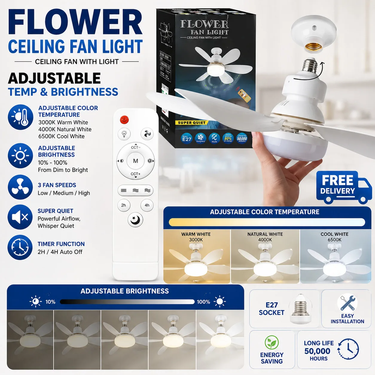 White Ceiling Fan Light E27 Socket Remote Control 3 Speed Full Spectrum Eye Protection LED Lamp For Bedroom Living Room Home