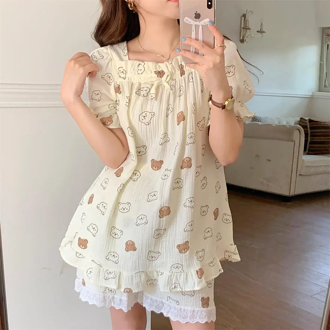 

Bear Lace Short Sleeve Korean Kawaii Pajamas Set Print Cartoon Ins Cotton NightDress Women Two Piece Set Comfortable Loose