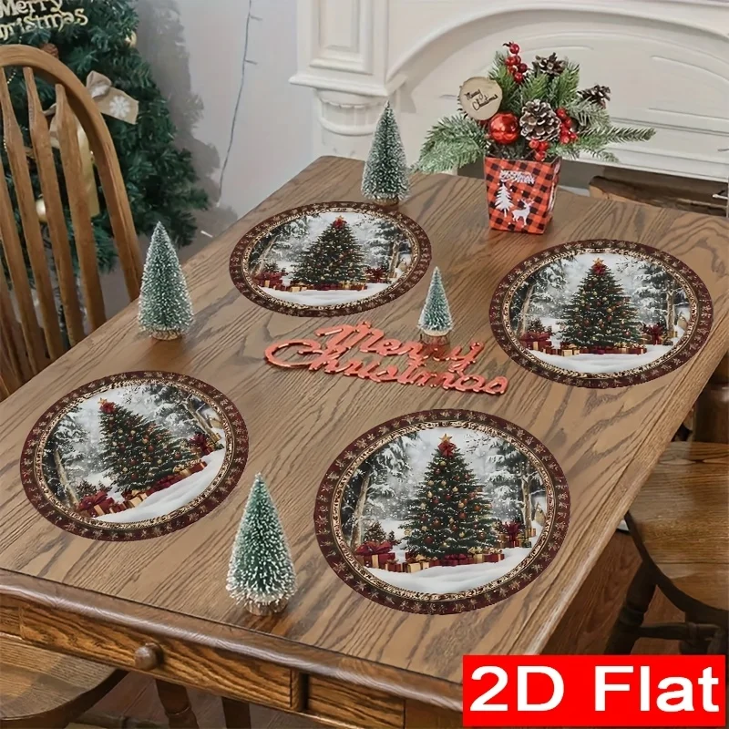 VIKAMA Round Christmas Placemats Snowy Xmas Tree Linen Mats Non-Slip Wipe Clean for Winter Holiday Dinner Table Decor