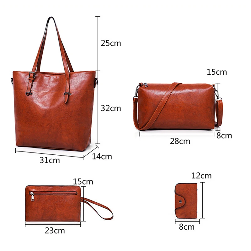 Women Vintage Handbag and Purse Leather Tote Shoulder Bag Large Satchel Top Handle Work Bag Set 4pcs