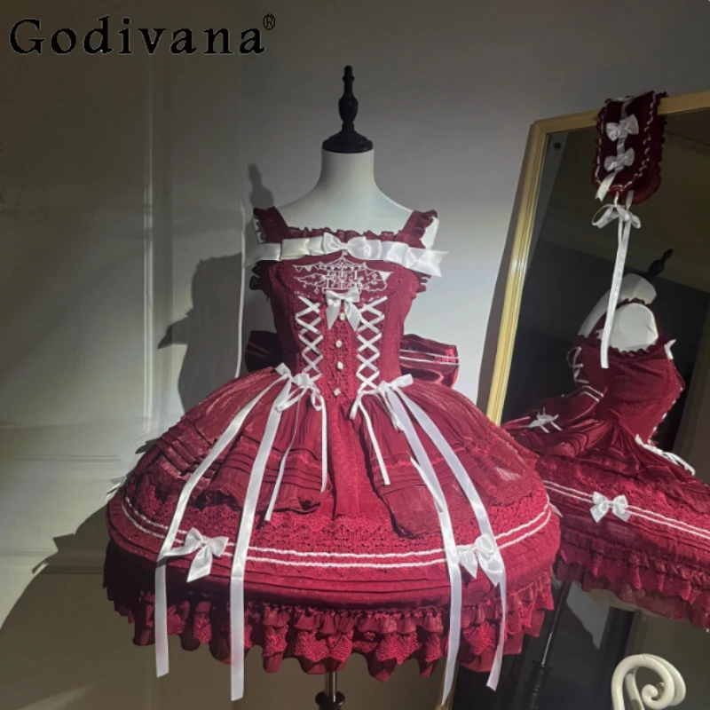 

Red Gothic Lolita Large Size Women's Dress JSK Summer Japanese Girl's High Waist Slim Elegant Princess Dress Vestidos De Mujer