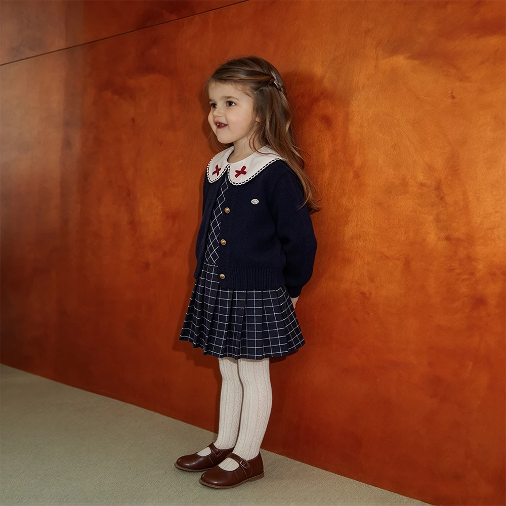 2026 Autumn New Kids Clothes Girls Christmas Plaid Dress Princess Dress Knitted Coat Two Piece Set Dress Kids Girl Set