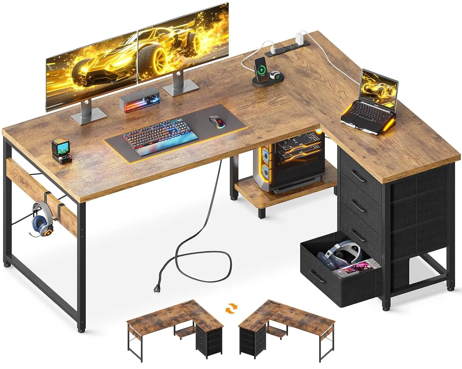 

L Shaped Gaming Desk with 4 Drawers, 53" Reversible Home Office Desks with Power Outlets, L Shaped Computer Desk, Customized