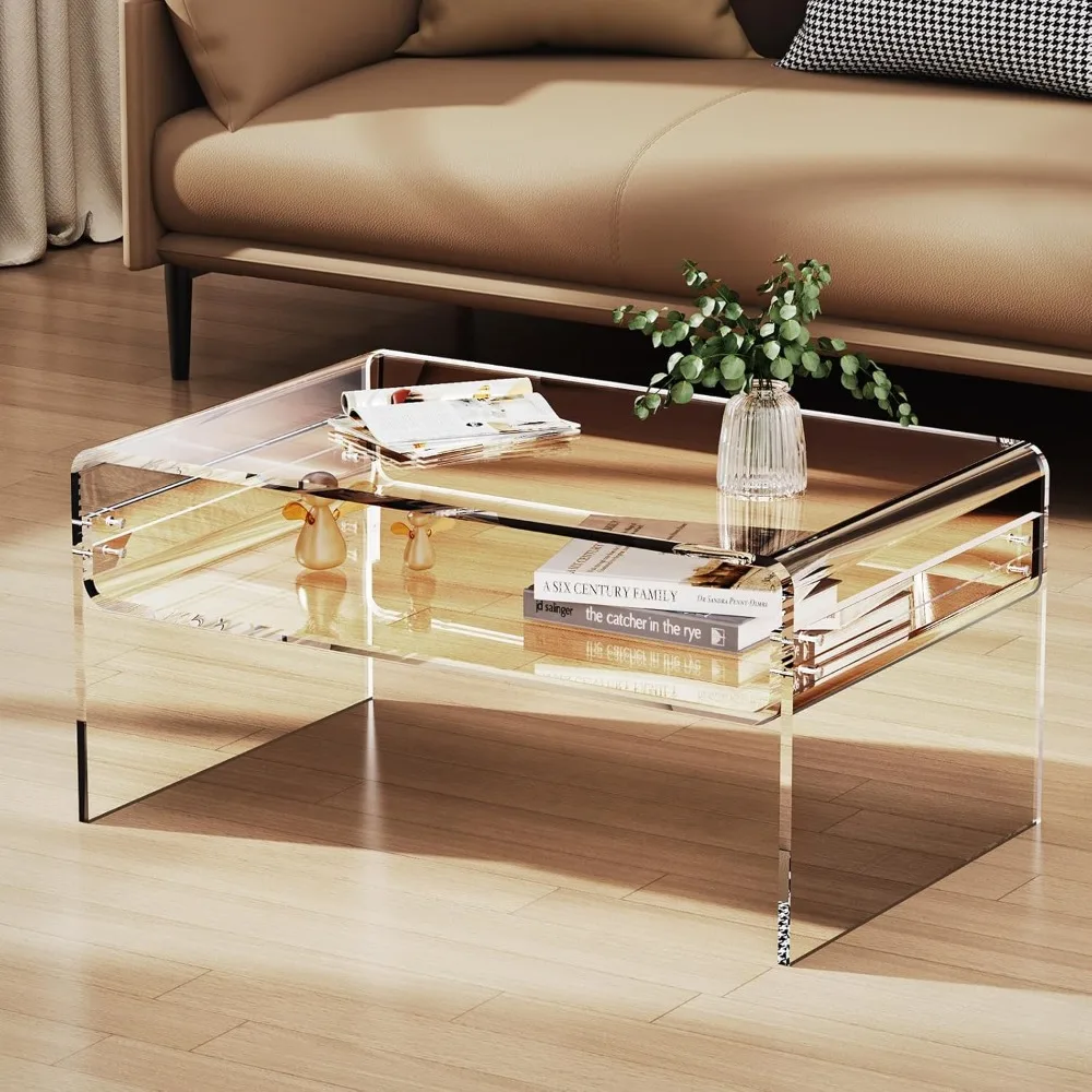 

Coffee Table for Living Room Clear Rectangle Lucite Table with Open Storage Shelf, Suitable for Contemporary Home Decor Styles