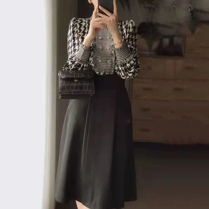 Vintage Houndstooth Shirt Women Spring Autumn Stand Collar Long Sleeve Chiffon Blouse Elegant Office Lady Tops Blusas Mujer