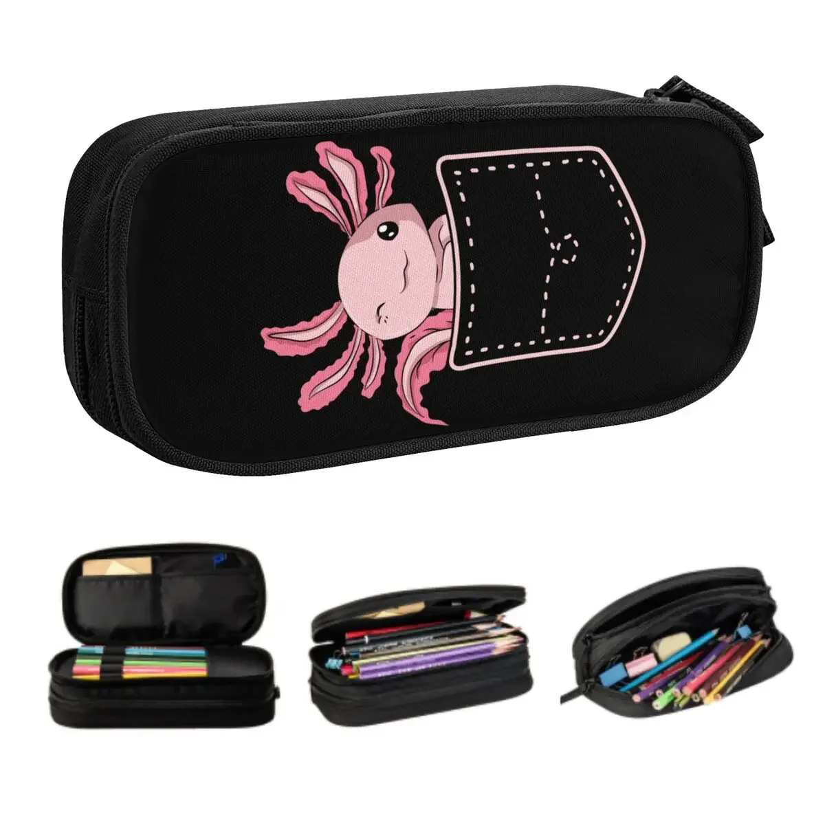 Custom Cute Axolotl In Pocket Pencil Cases for Girl Boy Big Capacity Amphibian Exotic Animal Pen Bag Box School Supplies