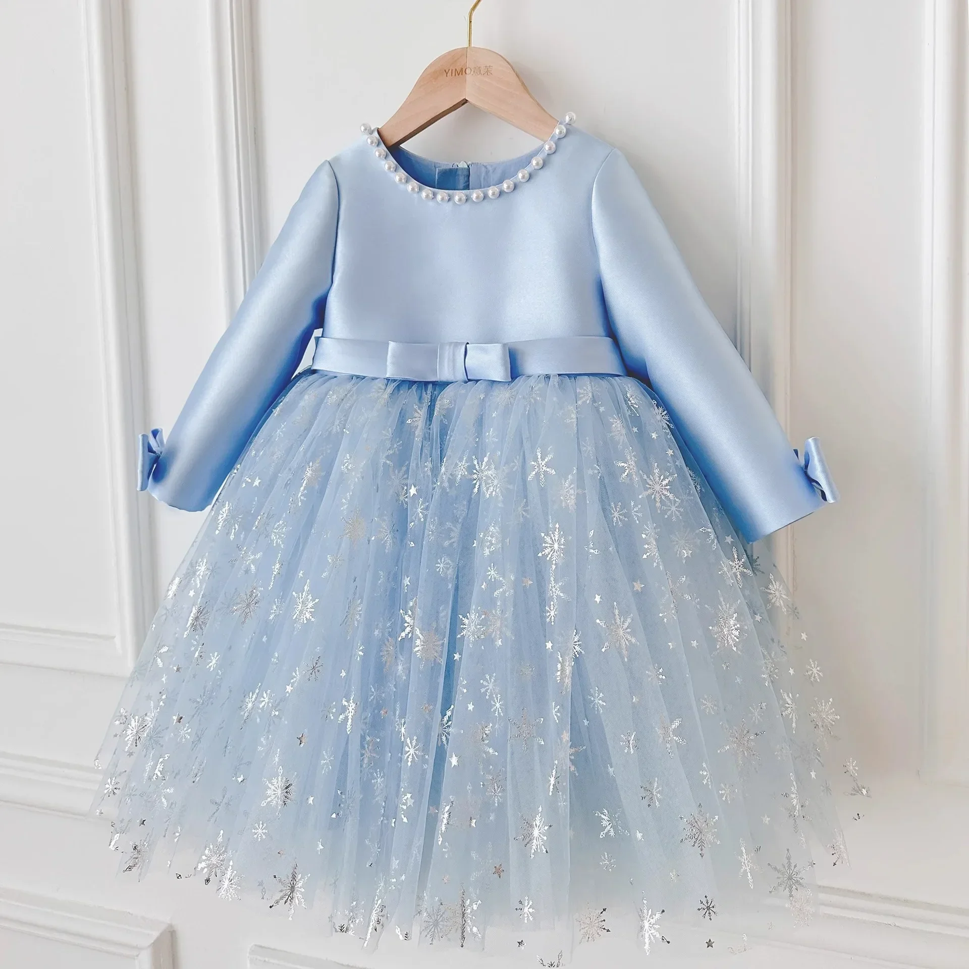 2025 Girls Blue Princess Dresses Snowflake Long Sleeve Birthday Dress Baby Clothes Children Costume Lace Spring for Eid Party