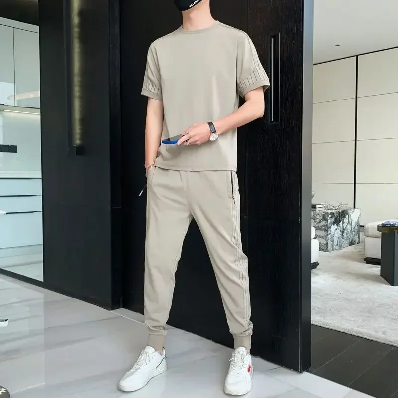 Top No Logo Khaki Sports Suits Sportswear Tracksuit Stripe Men's Clothing Smooth T Shirt Man Cool Pants Sets 2 Piece Outfit Xl