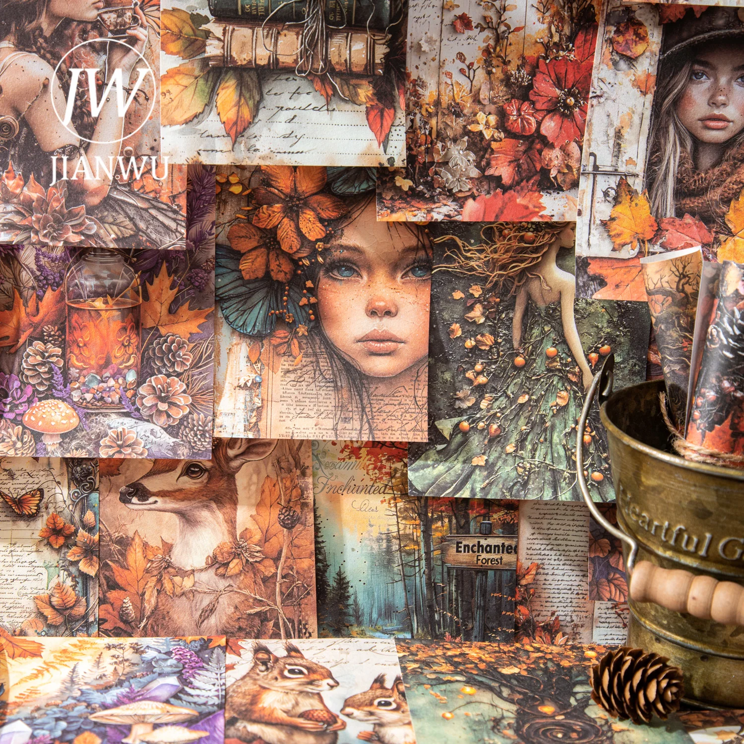 JIANWU Autumn Forest Memory Series Vintage Leaf Character Landscape Collage Scrapbook Material Creative Junk Journal Stationery