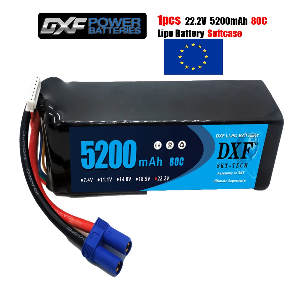 

DXF 6S Lipo 22.2V Battery 5200mAh 80C Soft Case Batteries with EC5 Plug for FPV Drone Airplanes Quadcopter Boat Truck Helicopter