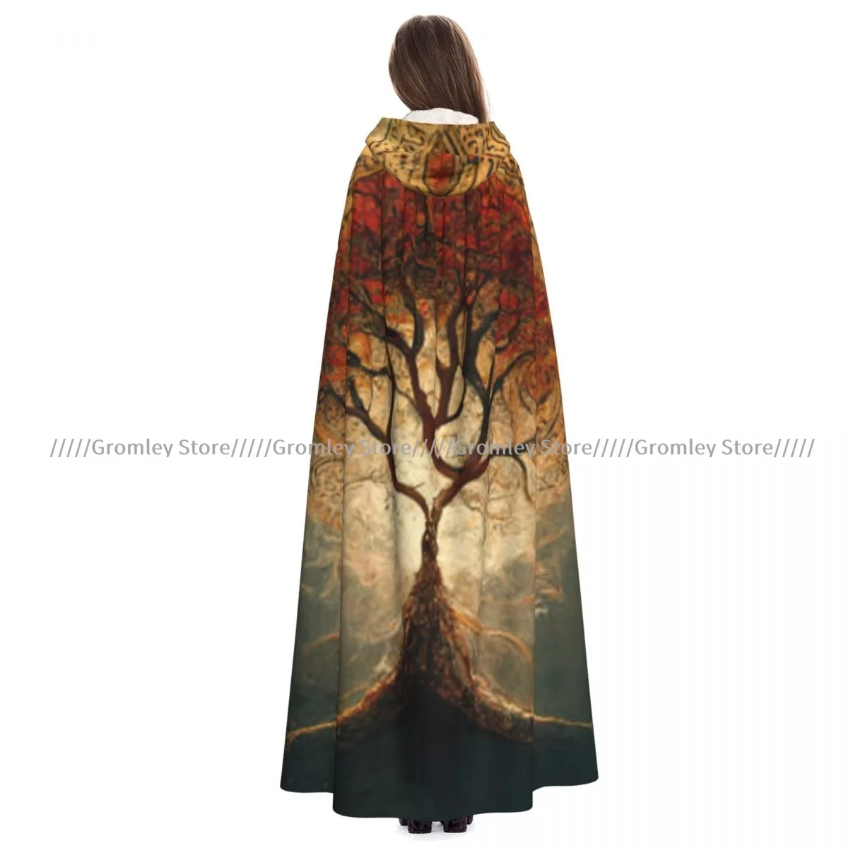 

Medieval Halloween Cosplay Cloak Hooded Coat Tree Of Life Sacred Symbol Cape Coat Long Trench Costume Wizard Cloak