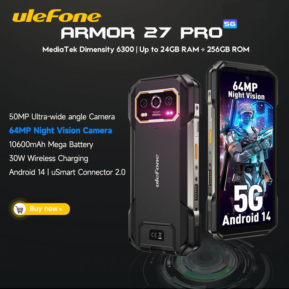 

Прочный телефон Ulefone Armor 27 Pro 5G, смартфон 10600 мАч, Android 14, 50 МП + 64 МП, камера ночного видения, до 24 ГБ + 256 ГБ, NFC