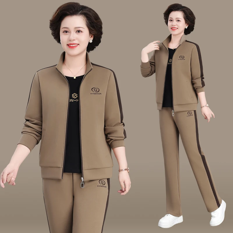 

Новый осенний повседневный спортивный костюм для мам: комплект из двух предметов, стройнящая верхняя одежда для женщин среднего возраста, модный