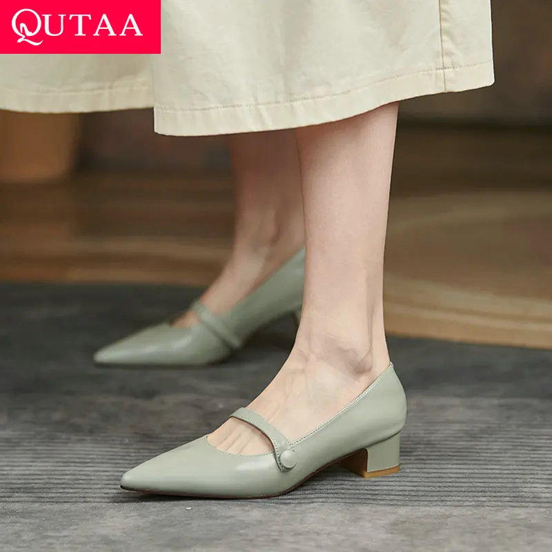 QUTAA 2022 Buckle Platform Women Pumps Pointed Toe Female Shoes Mary Janes Genuine Leather Square Low Heels Size 34-39