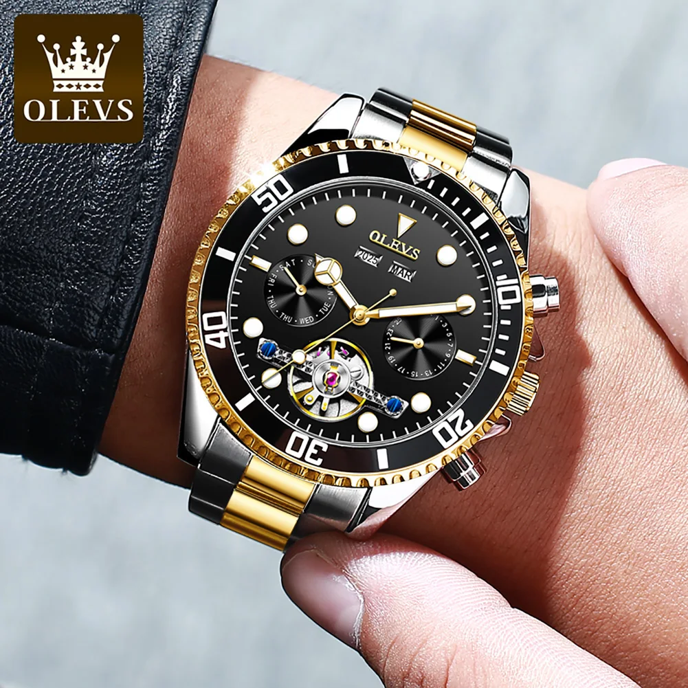 OLEVS orologio meccanico automatico di marca di lusso per uomo scheletro Hollow Date Week orologio da polso impermeabile orologio da polso da uomo caldo