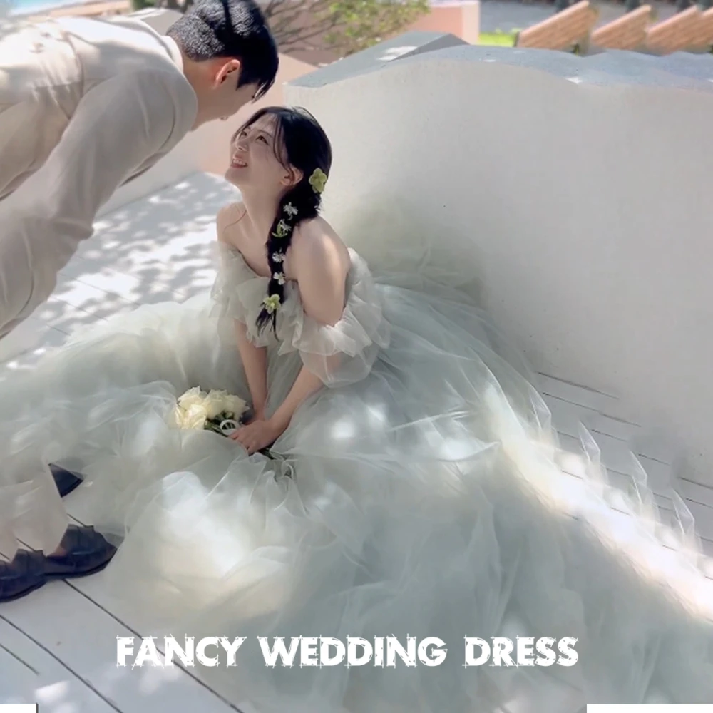 Fancy Korea Garden Wedding Dress Photo Shoot Off Shoulder Light Green Bridal Gown A Line Soft Tulle 웨딩드레스  customized