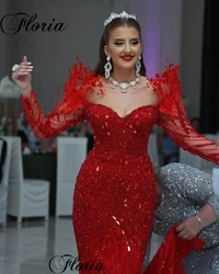 Middle East Red Beaded Evening Dresses Mermaid Off Shoulder Wedding Party Dresses Robes De Soirée Engagement Gowns Party Gowns