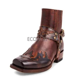 Men's Leather Nonslip Square Head Toe Metal Buckle Low Heeled Casual Roman Style Retro Shoes Winter Outdoor Cowboy Shoes Warm