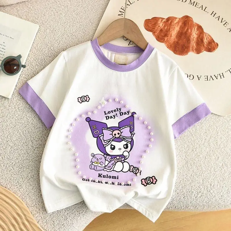 Kawaii Sanrioed Cinnamoroll Korte Mouw Anime Melodie Kuromi Cartoon Bedrukt Katoenen T-Shirt Meisje Sweet Tops Zomer Kinderkleding