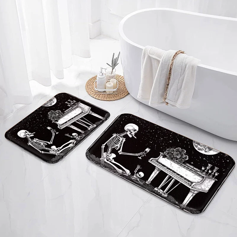 

Halloween piano and red wine Bathroom mat Halloween Skull Outdoor Entrance mat Kitchen Bedroom Living Room Carpet Decoration