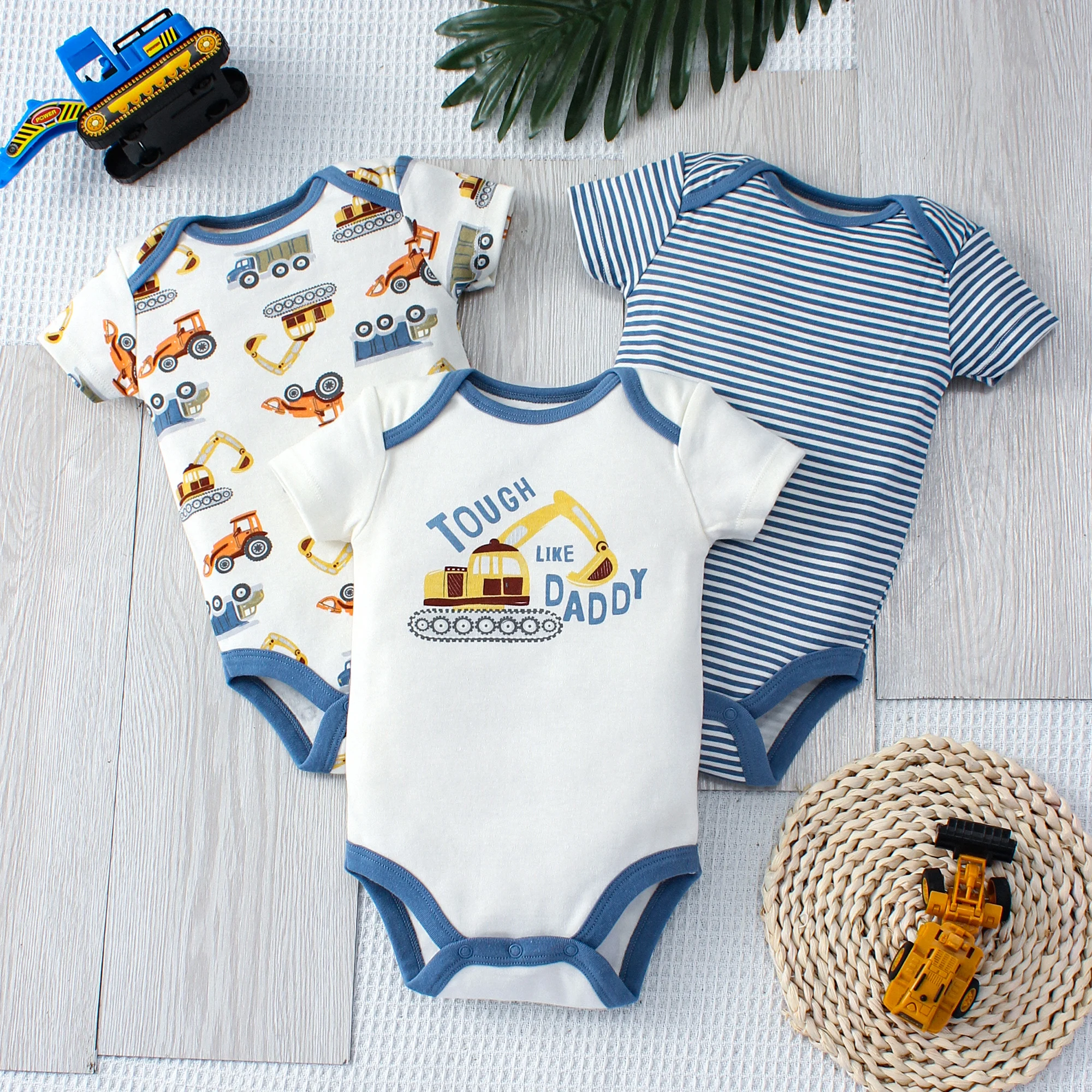 3PCS Summer Boys Baby Bodysuit Three piece Set Cartoon Excavator and Stripe Pattern Short Sleeve Button Design Triangle Bodysuit