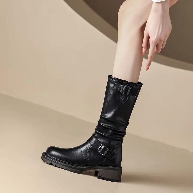 Black Ladies Mid Calf Shoes Middle Heel Leather Western Punk Women's Half High Boots New in Chic and Elegant Fashion 2024 Rock