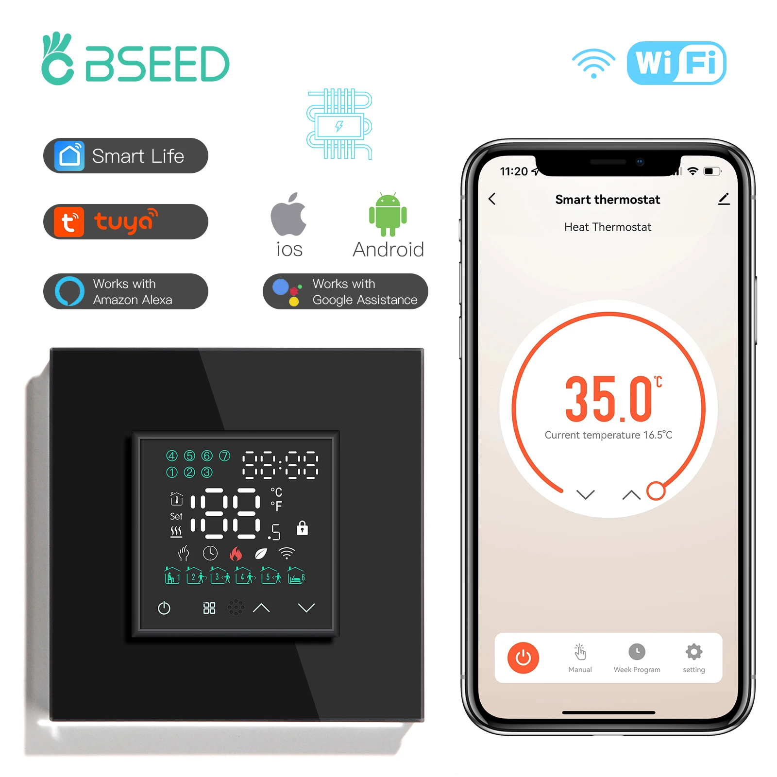 

BSEED WIFI Electric Floor Heating Water Boiler Room Smart Thermostat Temperature Controller Alexa Google App Voice Control