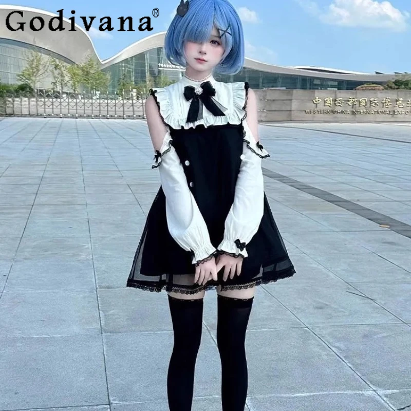 

Japanese Lolita Style Girls Dress Bow Off Shoulder Long Sleeve Dress Women's Lace Patchwork Waist Slimming Short Dress