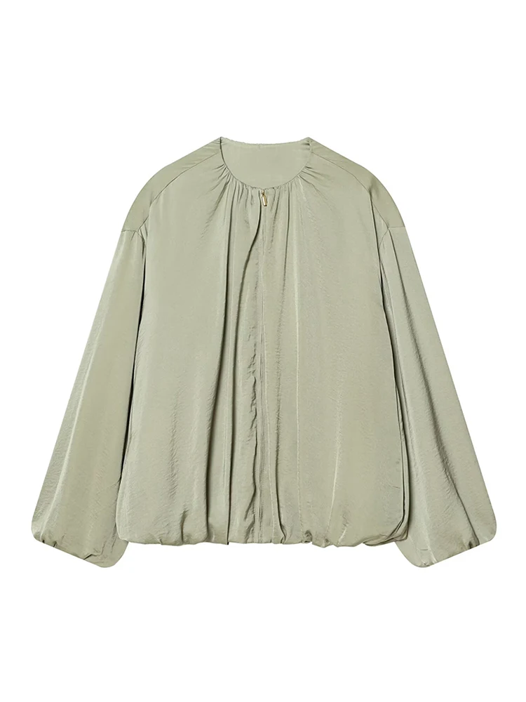 

2026 Vintage Women's Bomber Jackets Round Neck Long Sleeve Front Zipper Loose Jacket Female Spring Thin Simple Streetwears