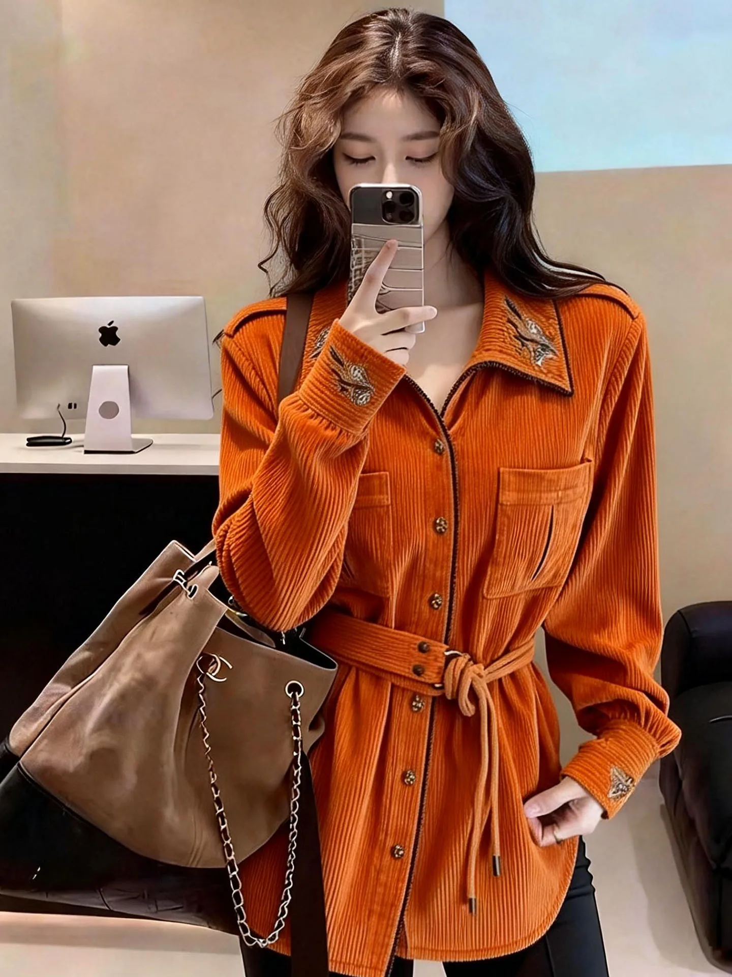 

Ele Retro Orange irt Women's Long Sve Waist Cinched Belted Collar Stand up Top Quali Spring New Sle Luxury Trend