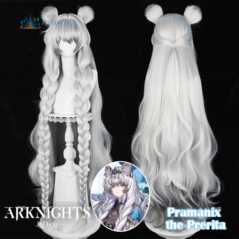 Arknights Pramanix the Prerita Cosplay Wig Long Silvery-white Braids Hair Wigs For Women Girls Snow Hunter Carnival Free Wig Cap