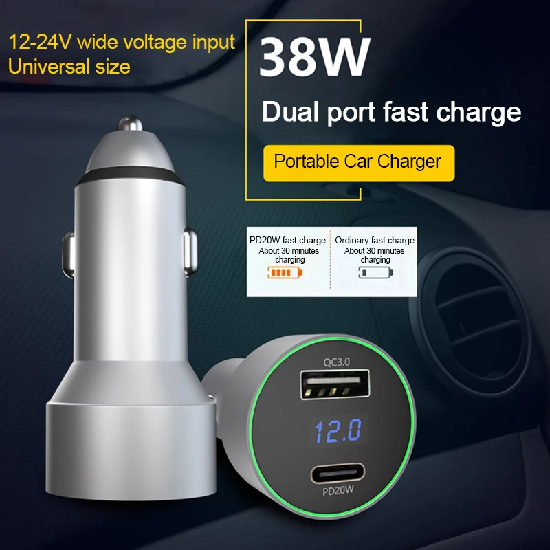 Car Cigarette Lighter USB Car Charger Fast Charge PD20W QC3.0 LED Light Digital Display Dual-Ports Charging Head For Smart Phone