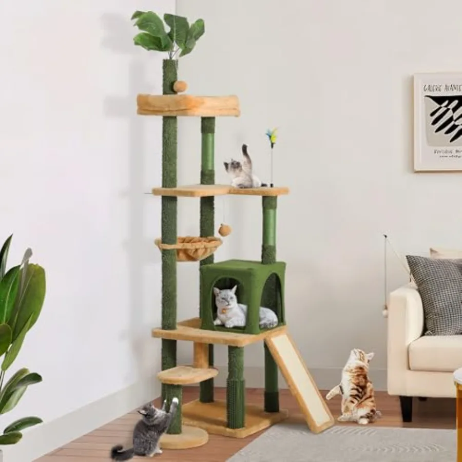 

Tall Cat Tree Tower with Leaves for Indoor Cats 72.8in Cute Cat Climbing Tower with Self-Grooming Brush Cat Condo Top Perch Bas