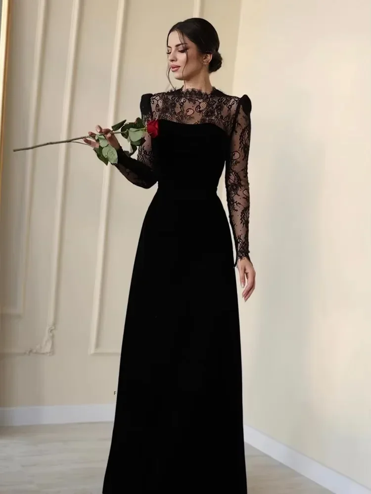 

Черные вечерние платья в Саудовской Аравии по индивидуальному заказу, кружевные платья для выпускного вечера с длинными рукавами, платья для выпускного вечера на молнии длиной до пола, вечерние платья