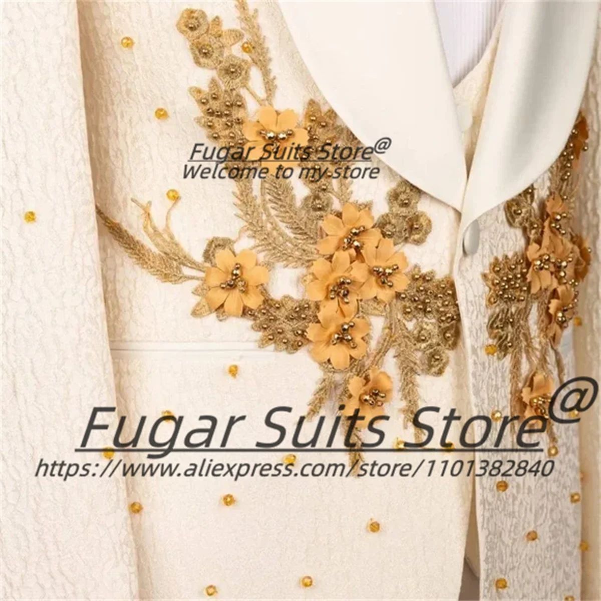Fashion 3D Flower Decal Male Blazers Luxuly Beadwork Men Suits Slim Fit Shawl Lapel Groom Tuxedos 3 Pcs Sets Prom Ropa Hombre