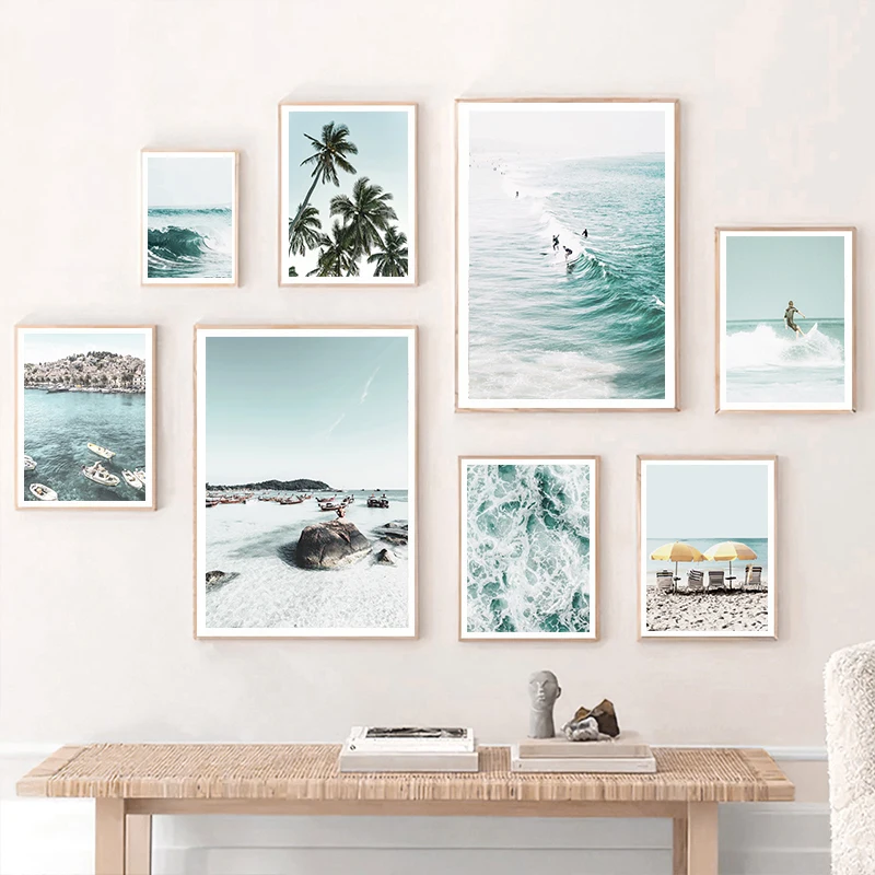 Summer Surfing Beach Coconut Tree Scenery Leisure Canvas Poster Picture Wall Art Nordic LivingRoom