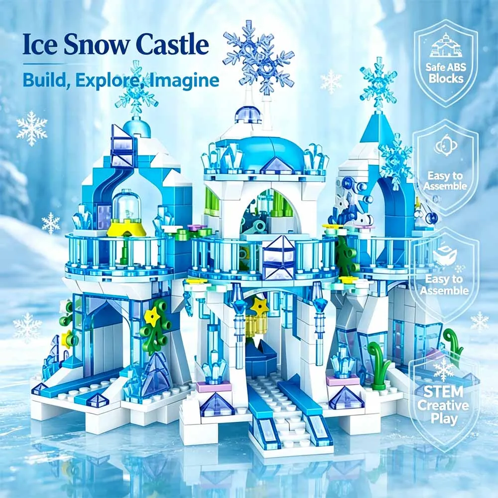 Ice Snow Castle Building Set Transparent Crystal Bricks Dream Princess Castle Model DIY Assemble Blocks STEM Educational Toys Birthday Gift For Girls Compatible With Standard Building Blocks 463PCS