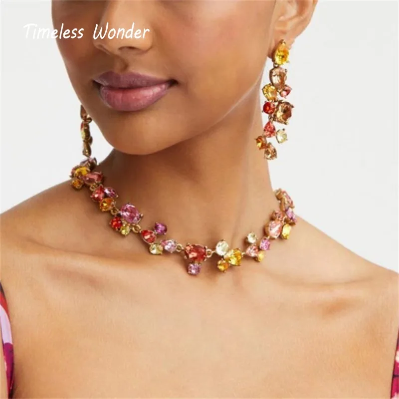 Timeless Wonder Fancy Crystal Geo Floral Necklace N Clip on Earrings for Women Designer Jewelry Sets Luxury Brand Runway 7524